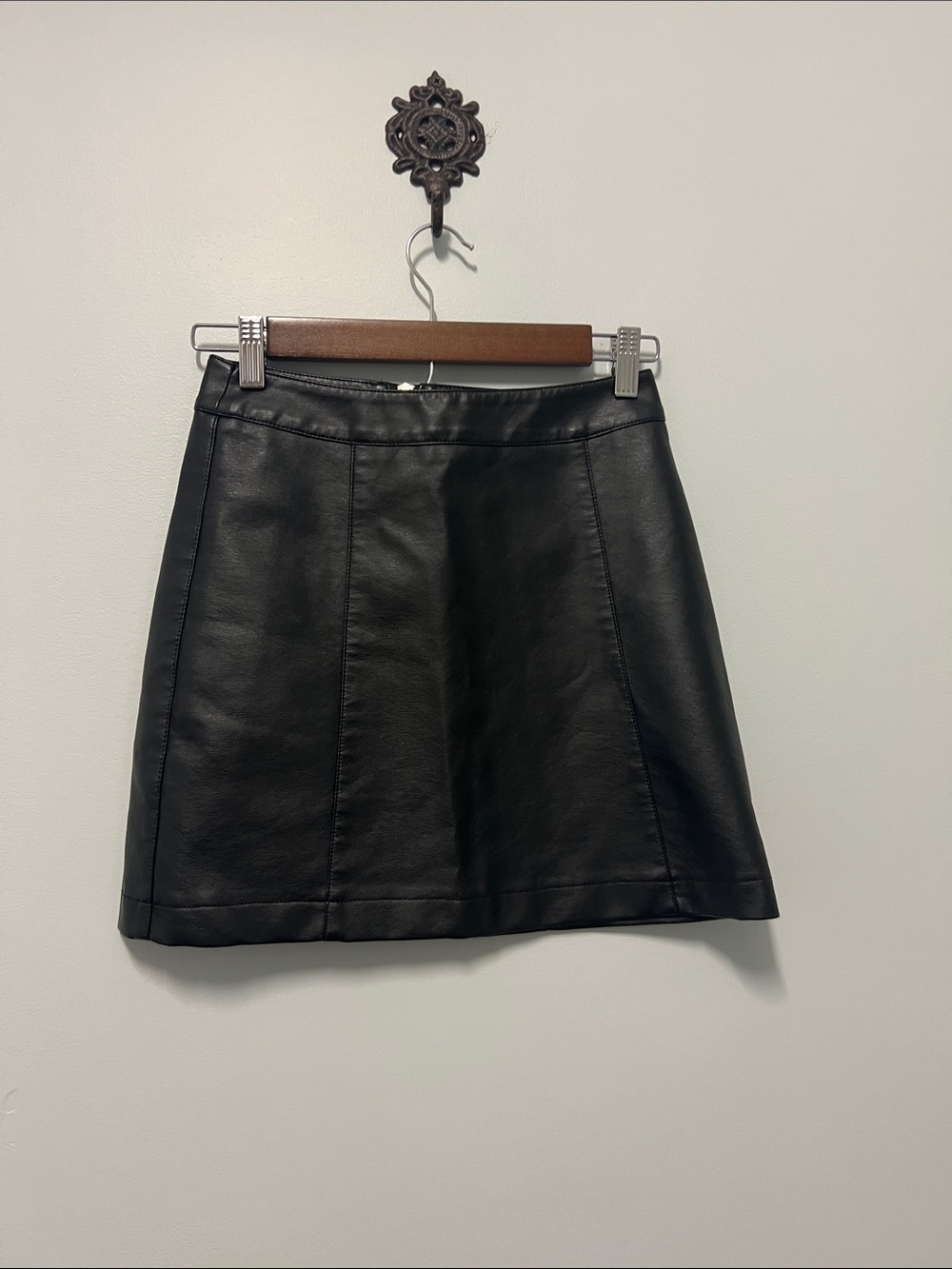 Edgy Black Faux Leather A-Line Skirt XS